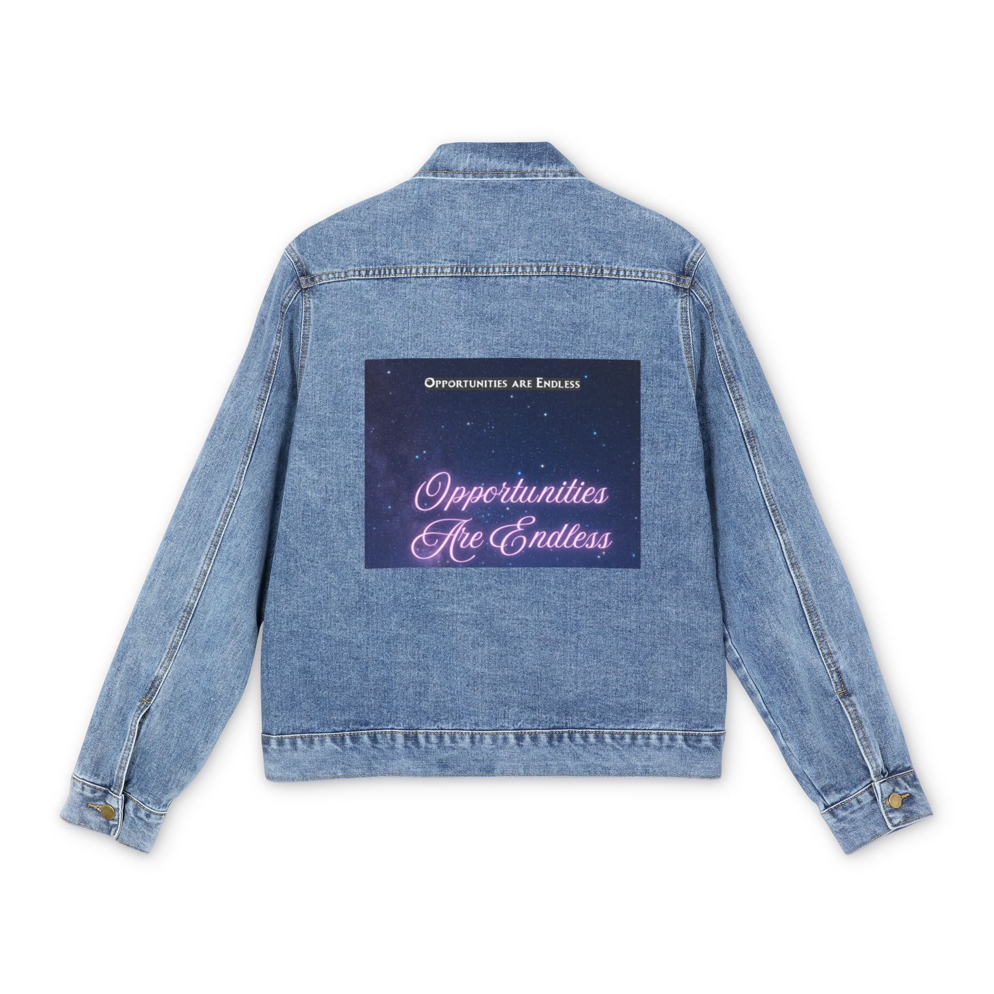Opportunities Are Endless Denim Jacket | Inspirational Back Patch, Cosmic Text