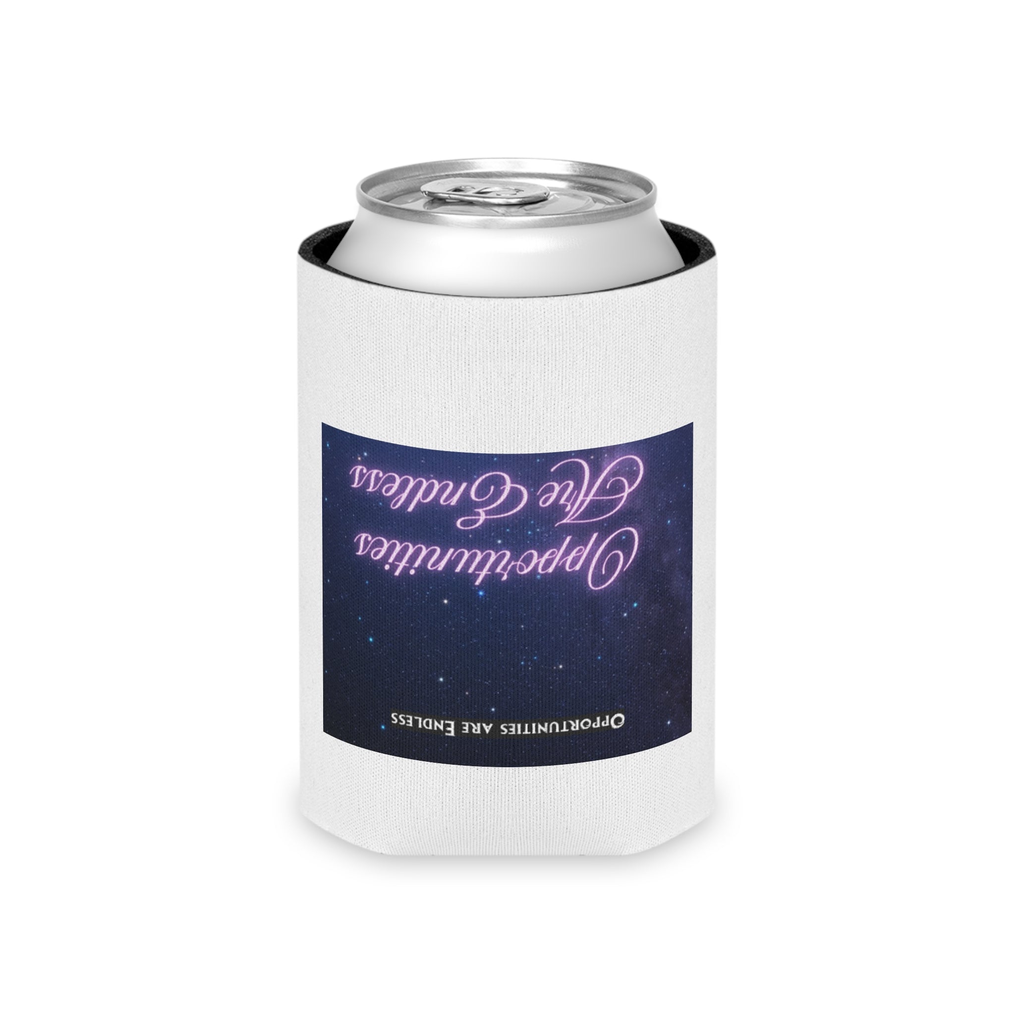 Opportunities Are Endless Can Cooler | Beverage Koozie, Neon Script Galaxy