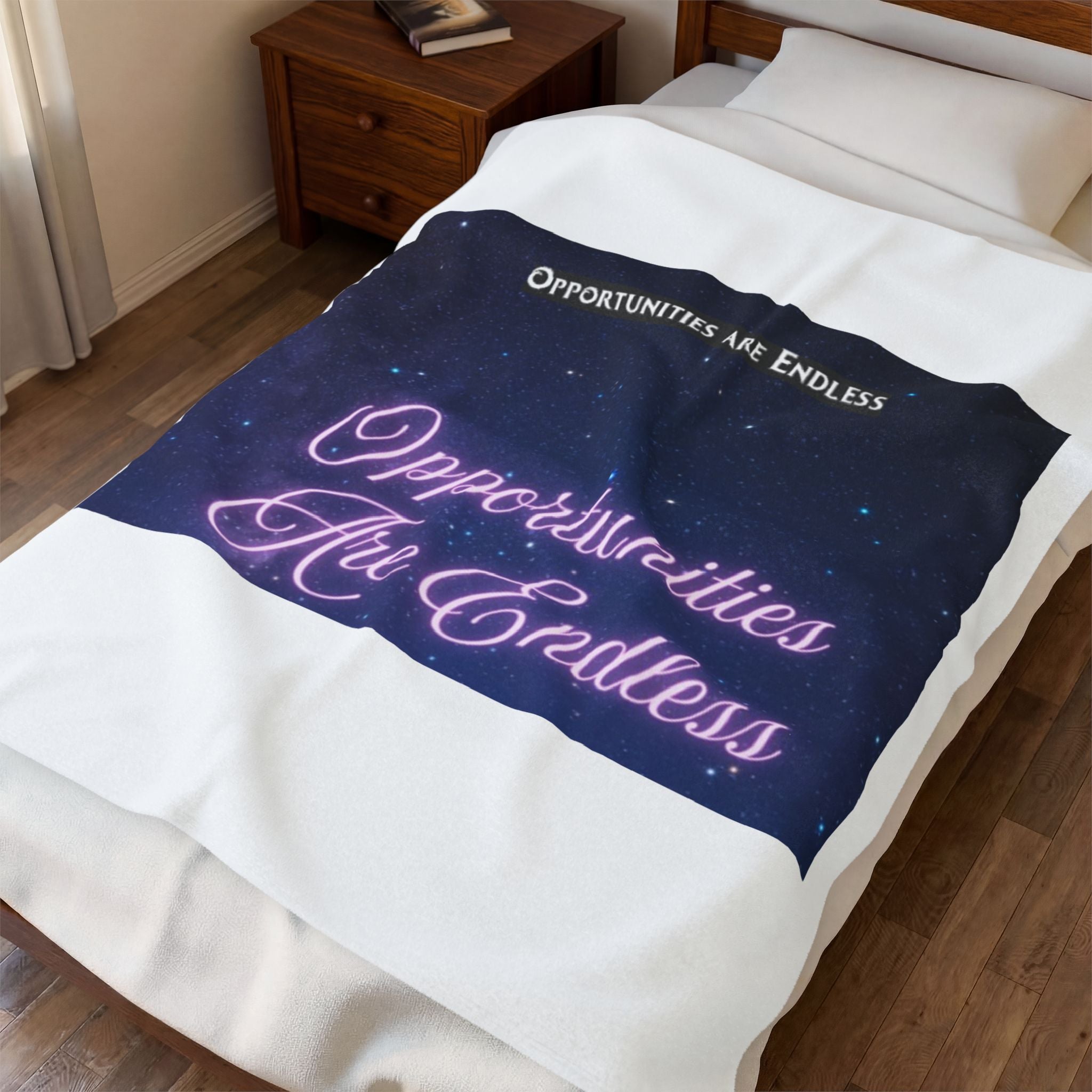 Opportunities Are Endless Velveteen Plush Blanket | Inspirational Neon Script Galaxy