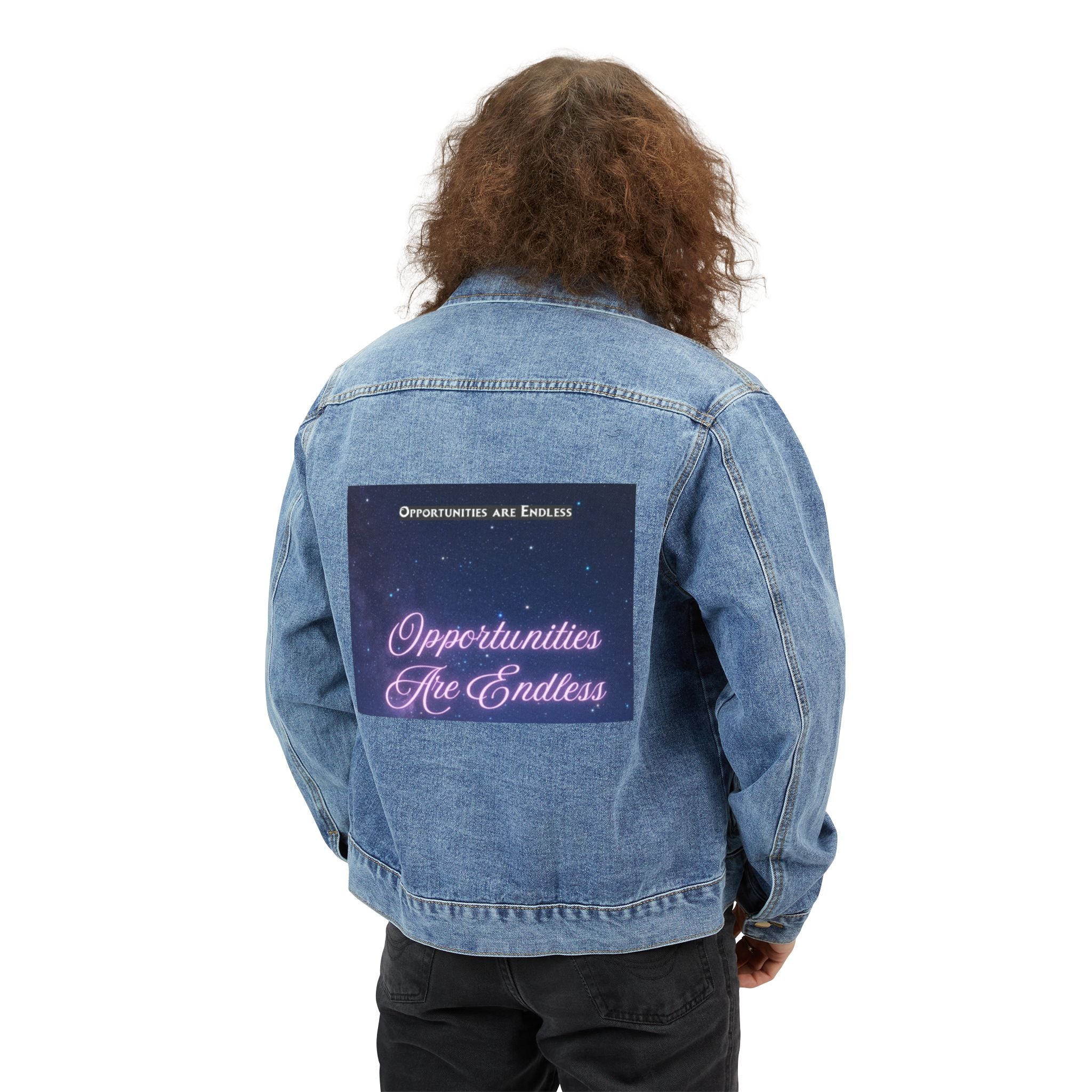 Opportunities Are Endless Denim Jacket | Inspirational Back Patch, Cosmic Text