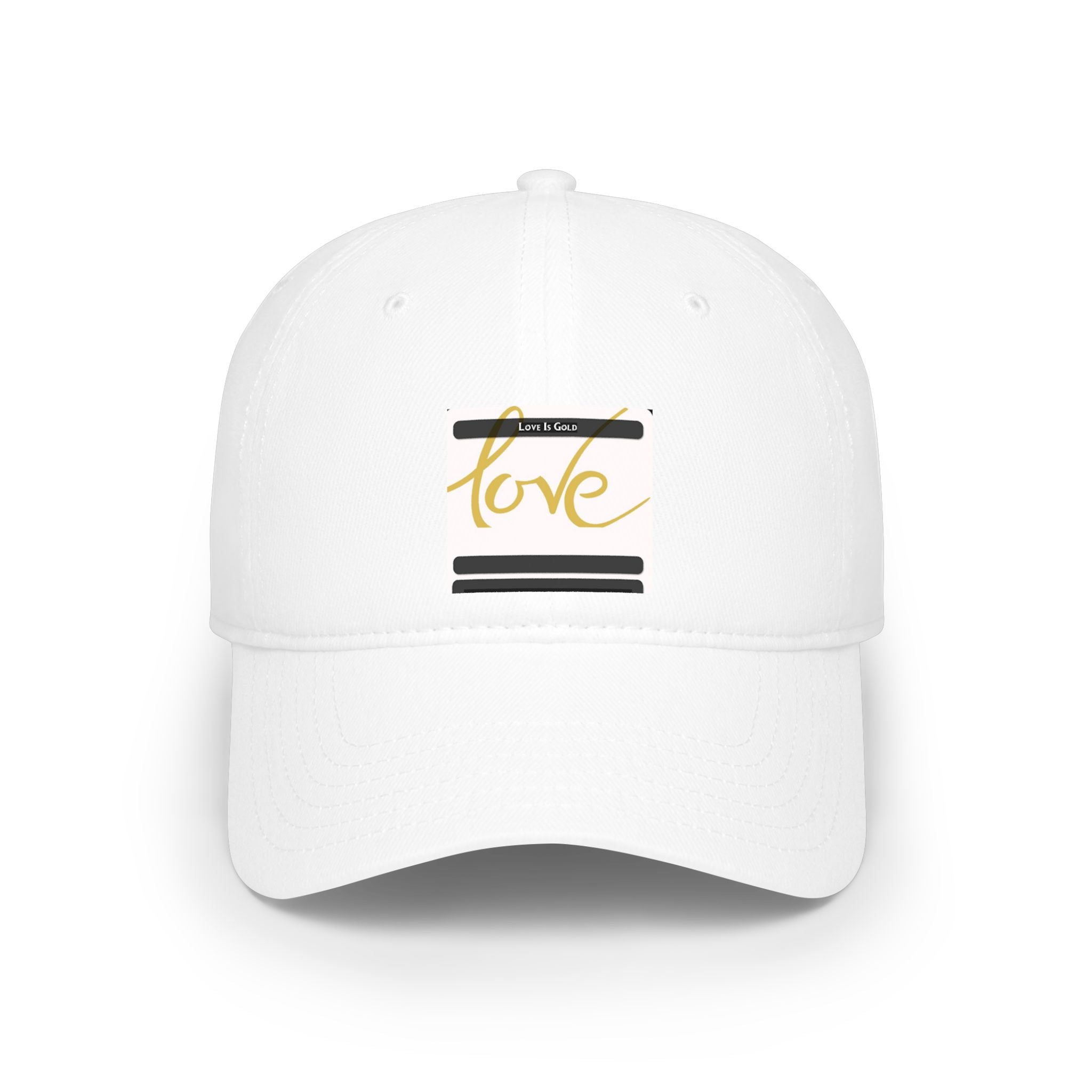 Love Script Low Profile Baseball Cap — Minimalist Gold & Black Accent Hat