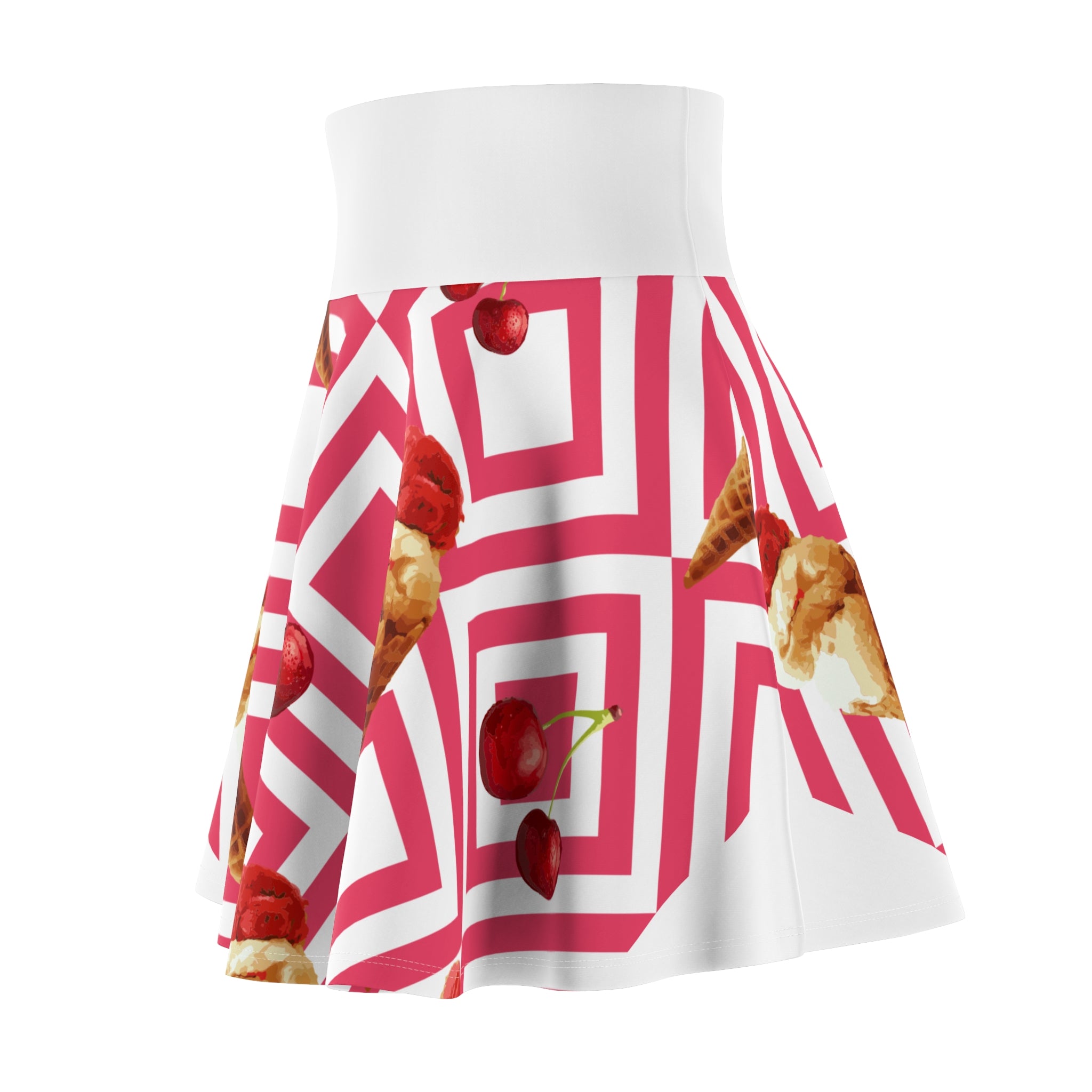 Cherry Ice Cream Cone Skater Skirt | Pink Geometric Pattern