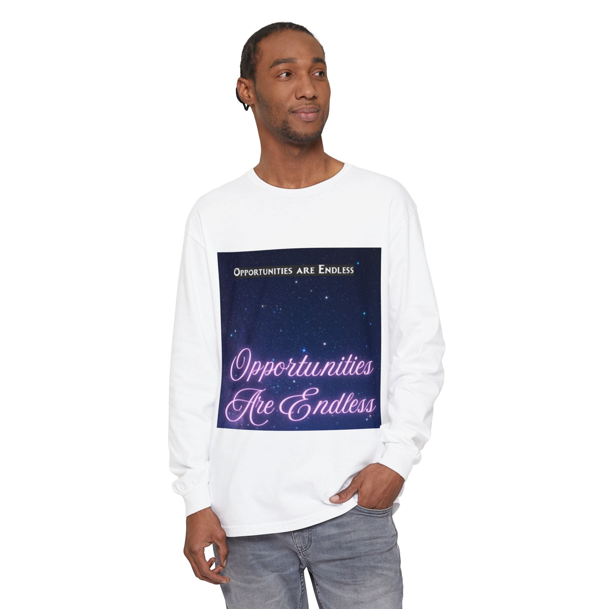 Opportunities Are Endless long sleeve shirt | motivational neon script, starry sky