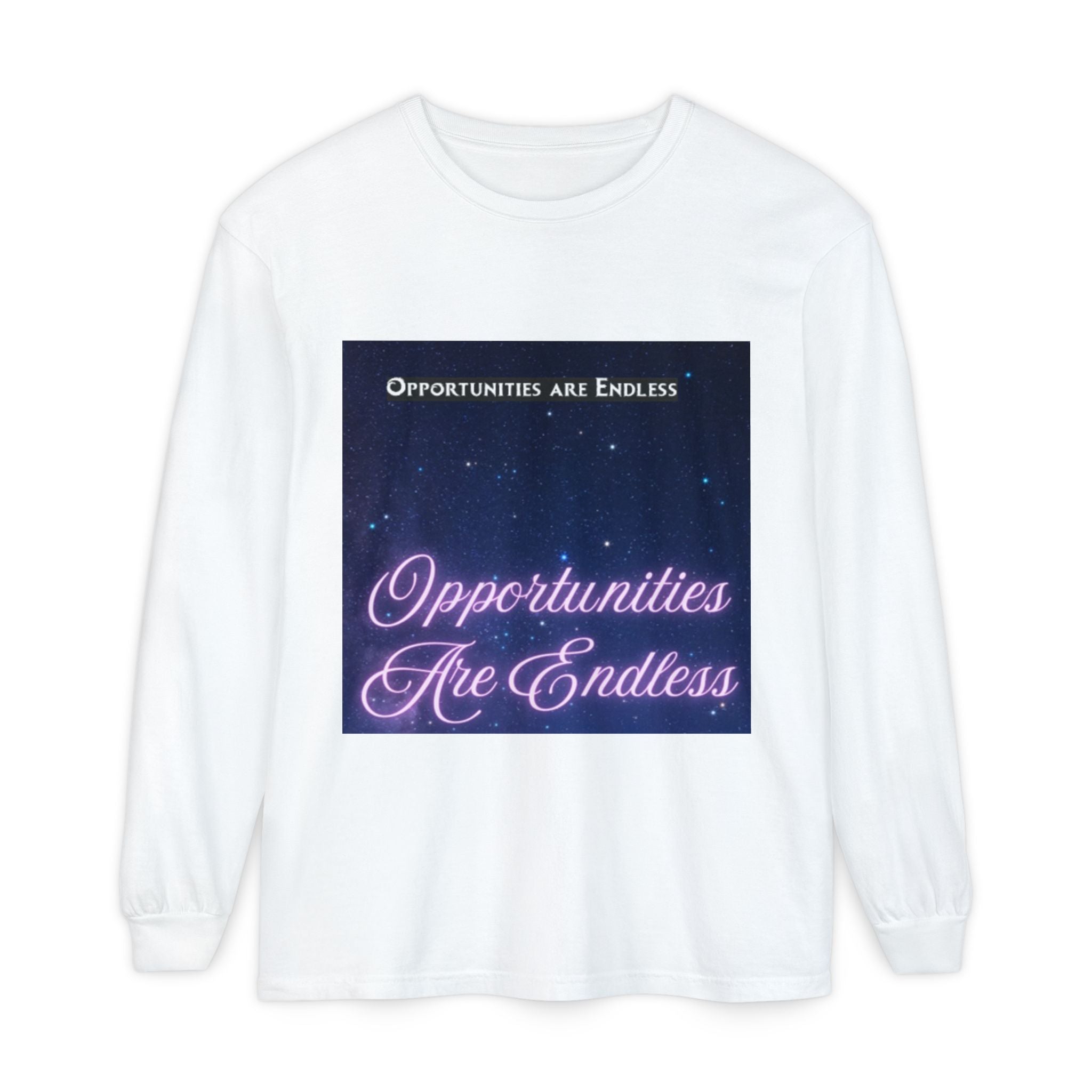 Opportunities Are Endless long sleeve shirt | motivational neon script, starry sky