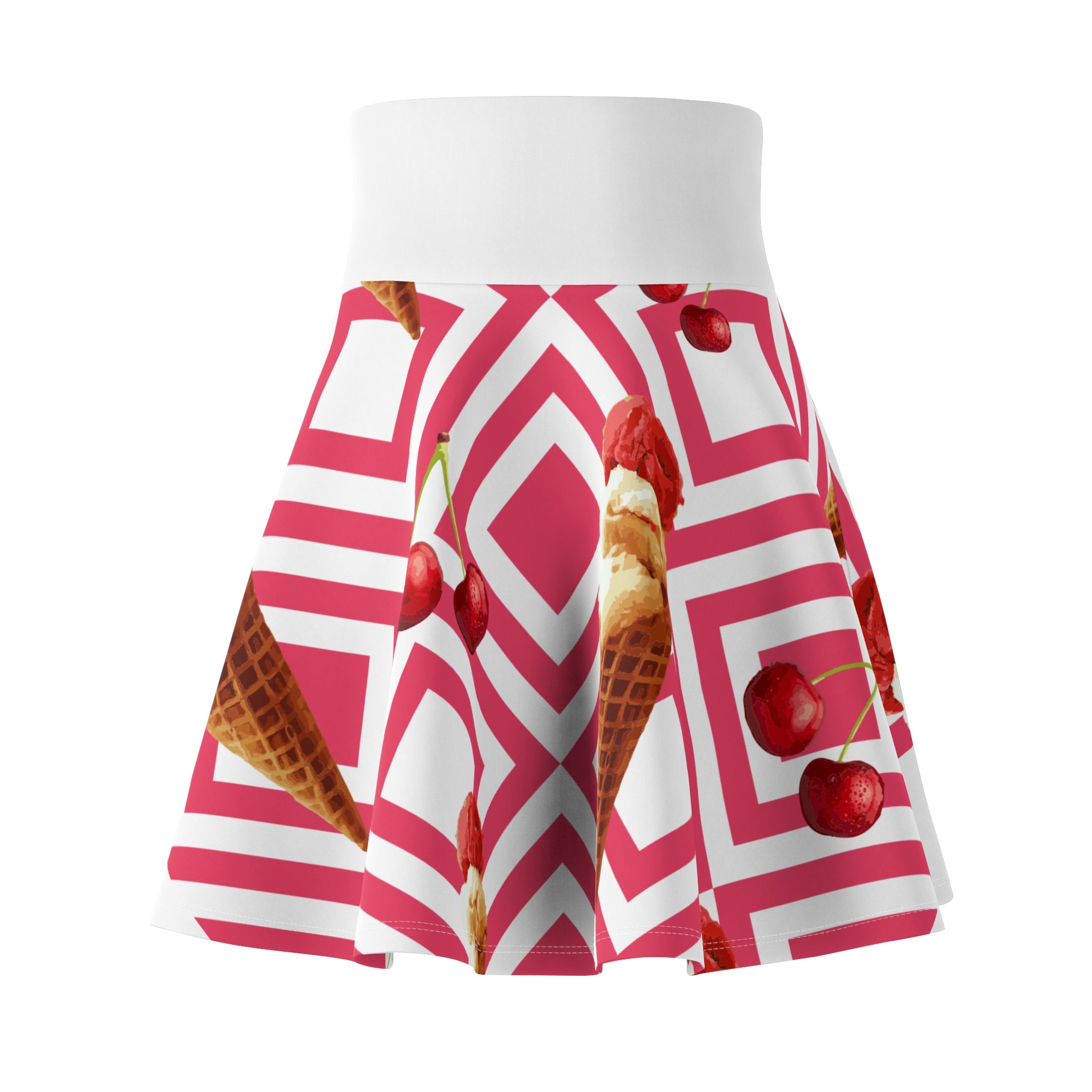 Cherry Ice Cream Cone Skater Skirt | Pink Geometric Pattern