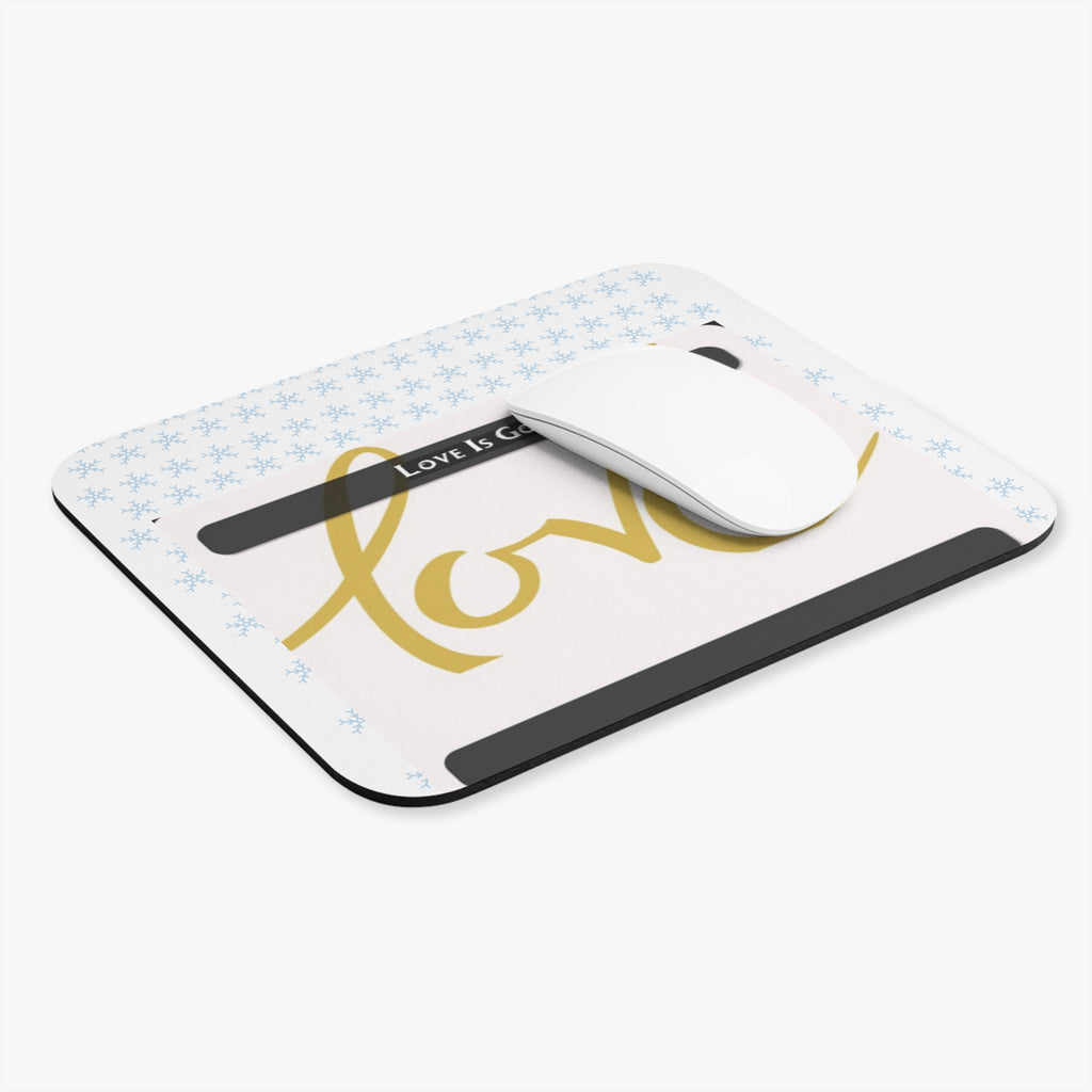 Love Is Gold Rectangle Mouse Pad — Warm Gold Script with Snowflake Accent