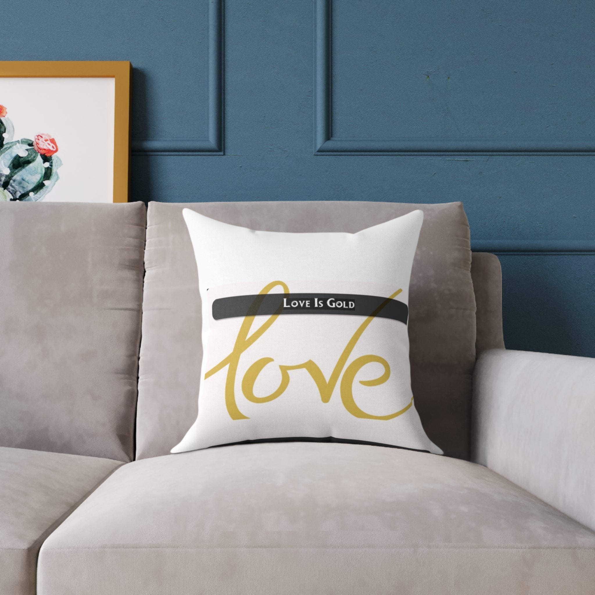 Love Is Gold Square Throw Pillow — Elegant Script Accent for Valentine’s Day & Home Decor