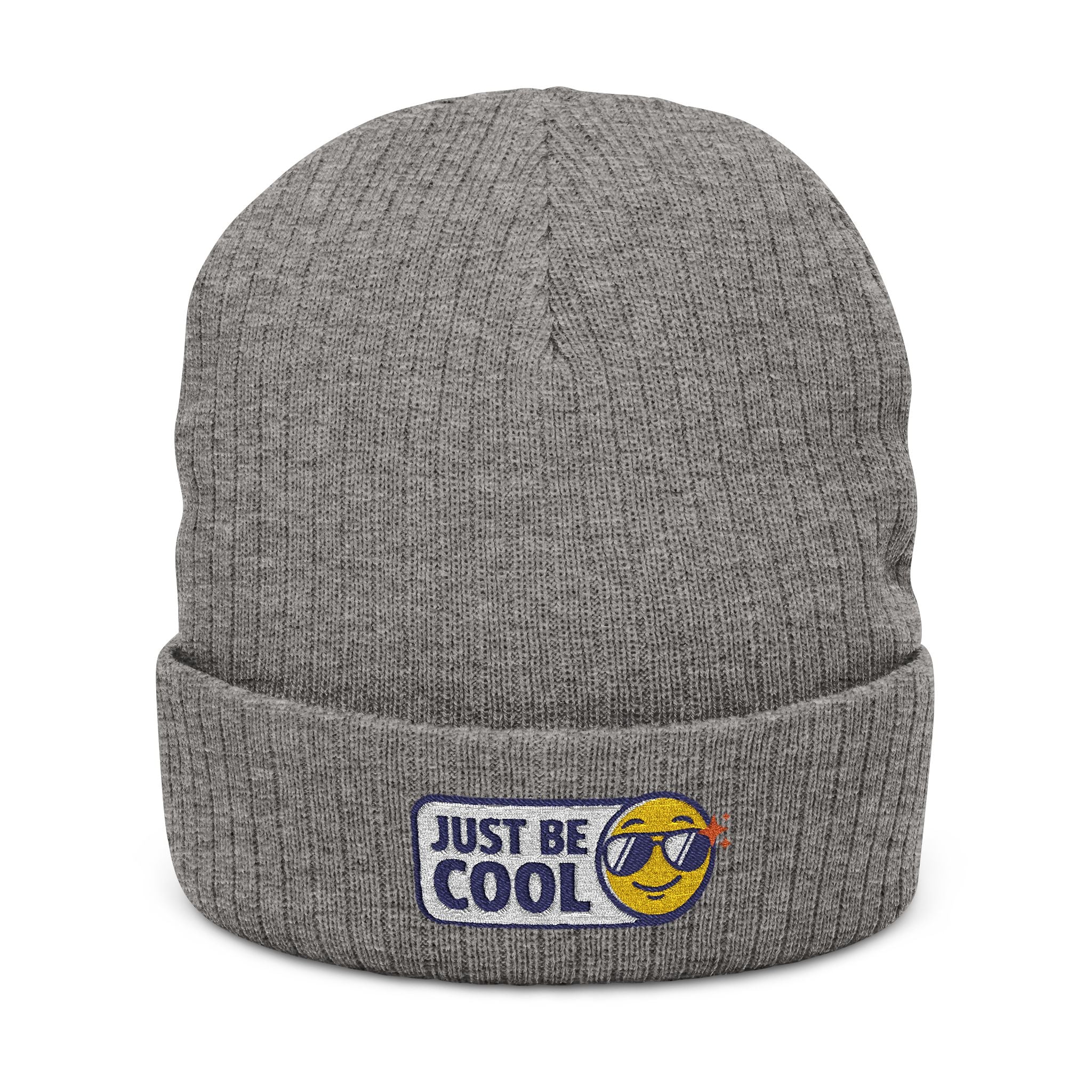 Ribbed Knit Beanie — Embroidered "Just Be Cool" Smiley Winter Hat