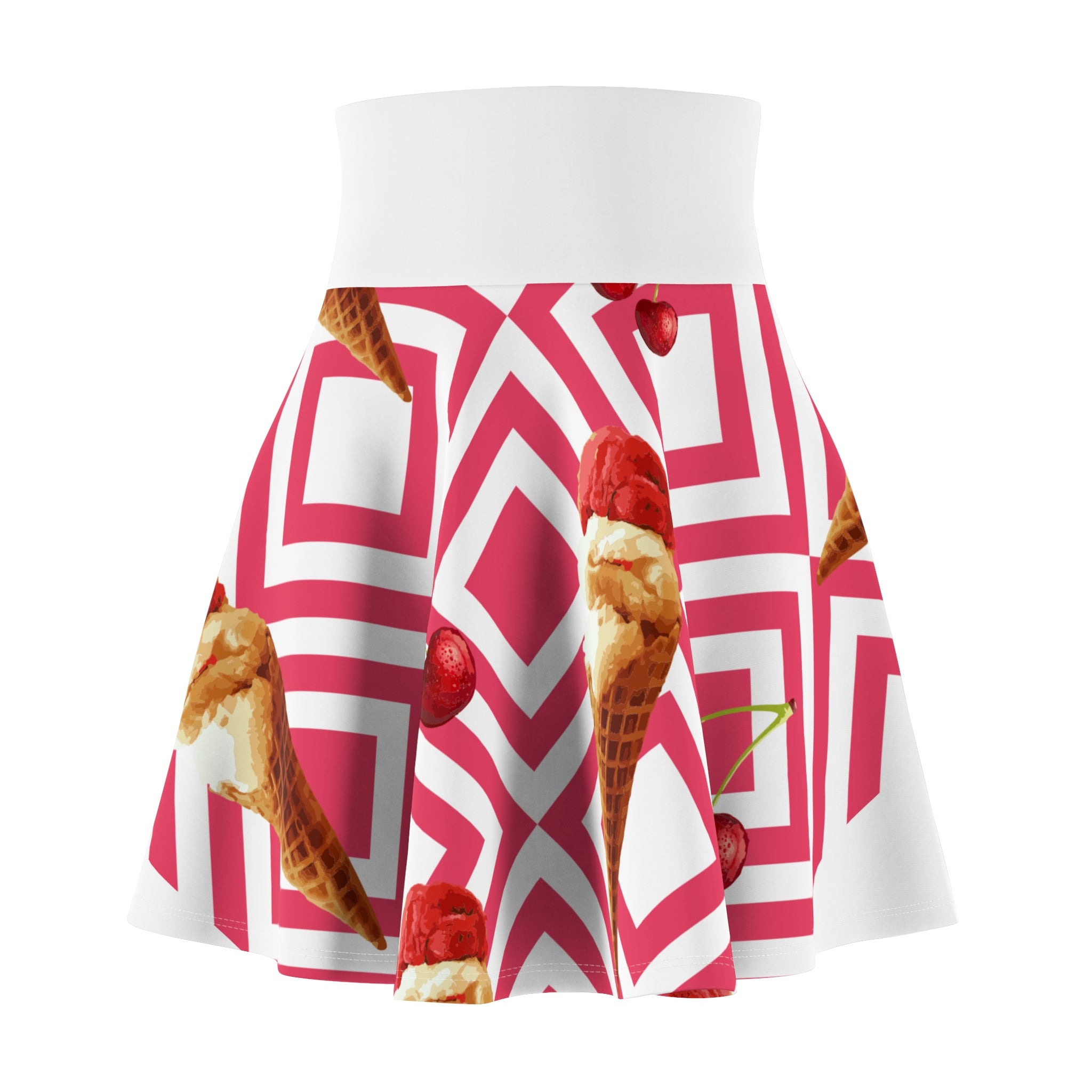 Cherry Ice Cream Cone Skater Skirt | Pink Geometric Pattern