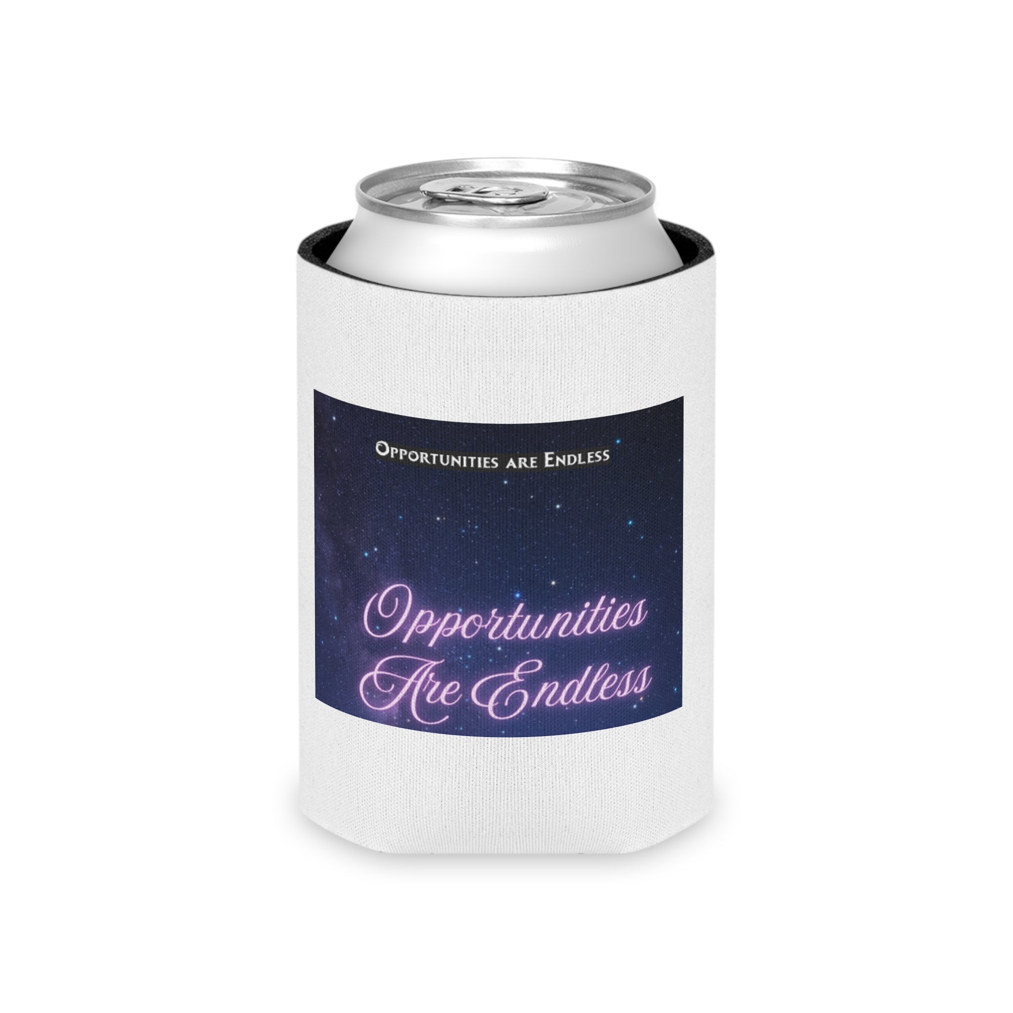 Opportunities Are Endless Can Cooler | Beverage Koozie, Neon Script Galaxy